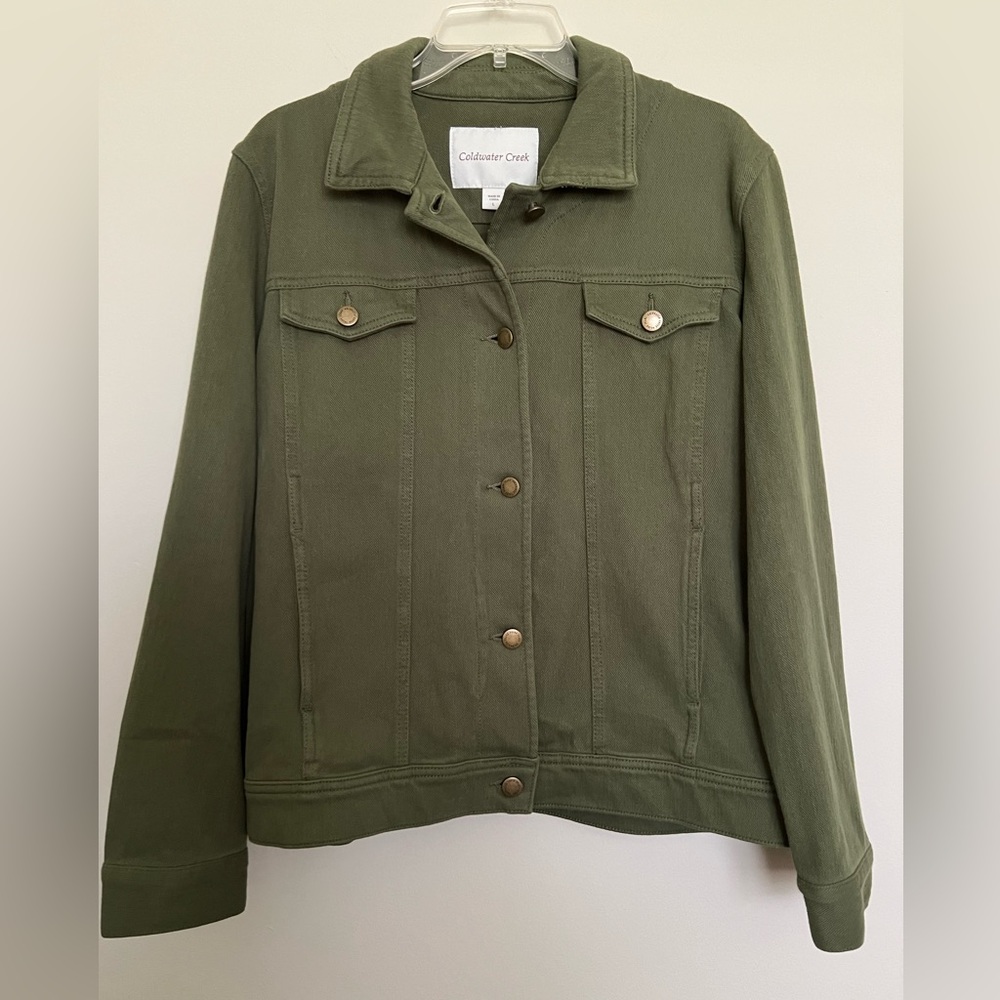 Coldwater Creek Knit Denim Olive Green Jacket Size L - could be for an XL too
